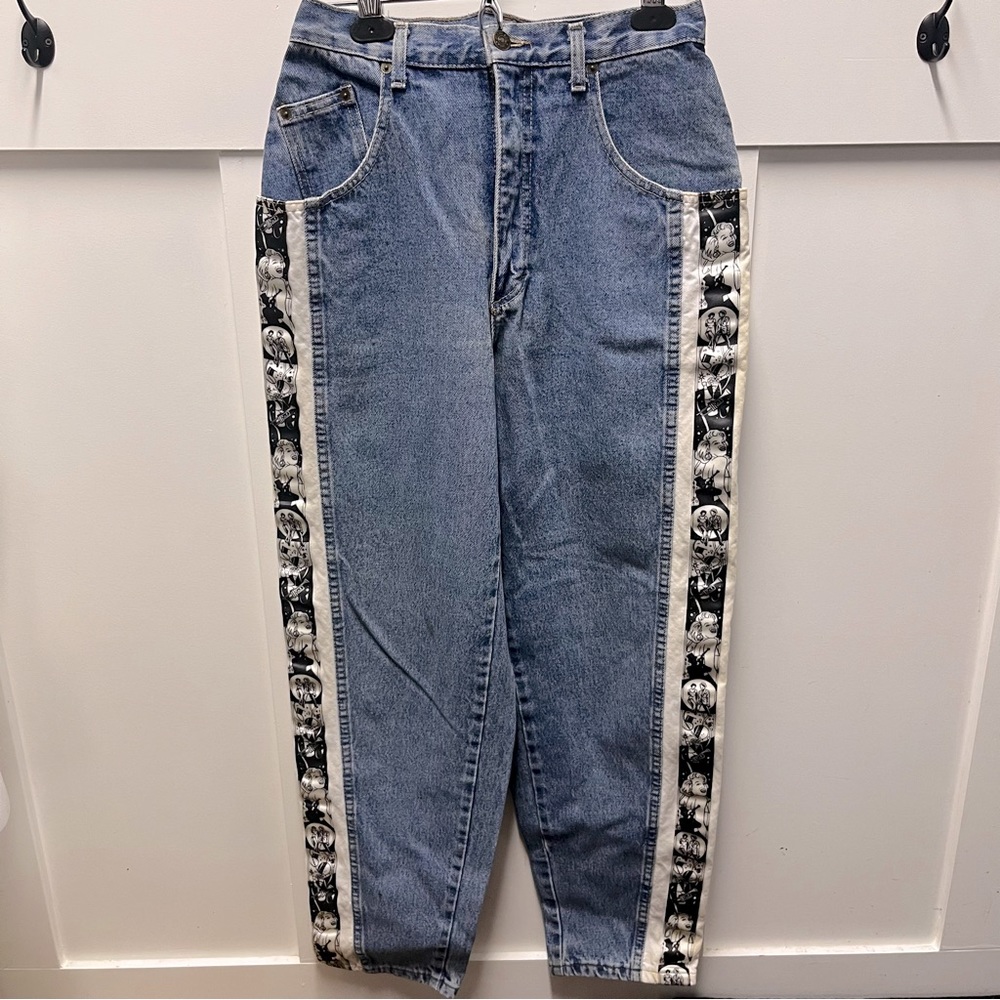 High-Rise Blue Denim Jeans with Black & White Side Panel